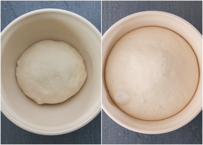 The dough risen before and after in a white bowl.
