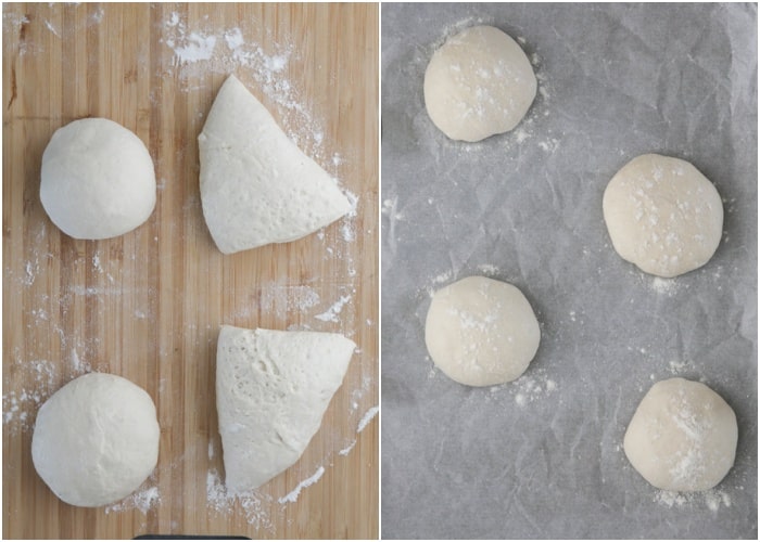 Dividing the dough into four parts.