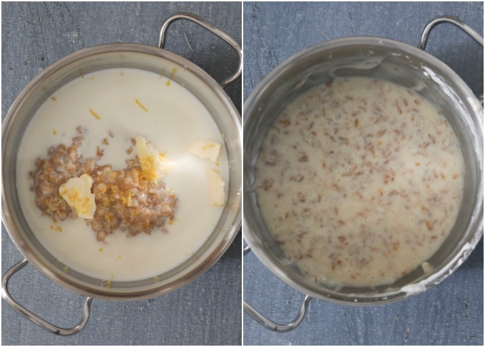 Milk, butter and cooked wheat in a silver pot before and after cooked.