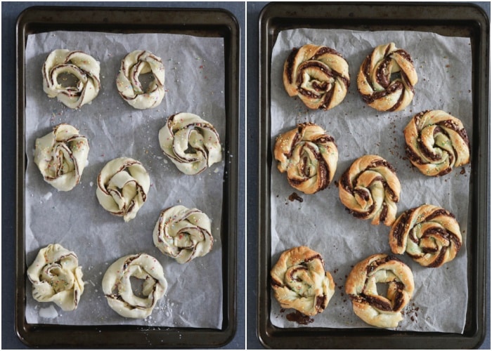 The pinwheels before and after baked on the baking sheet.