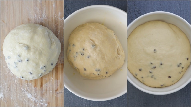 The dough in a white bowl before and after risen.