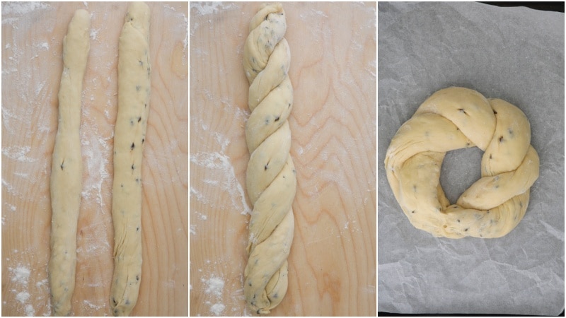 The dough formed into two logs then twisted and shaped into a circle.