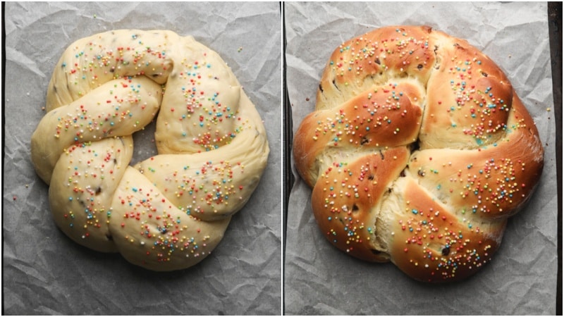 The Easter bread before and after baked on a parchment paper lined baking sheet.