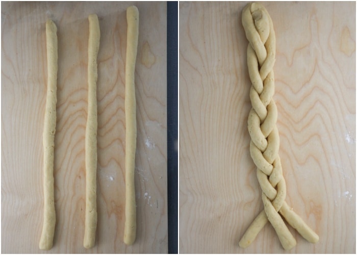 The dough divided into three ropes and formed into a braid.