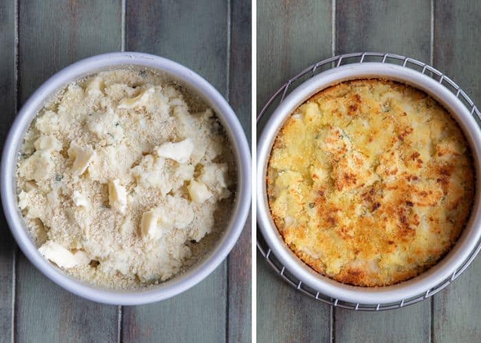 The potato pie before and after baking.
