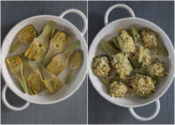 Artichokes in the pan and with the stuffing on top.