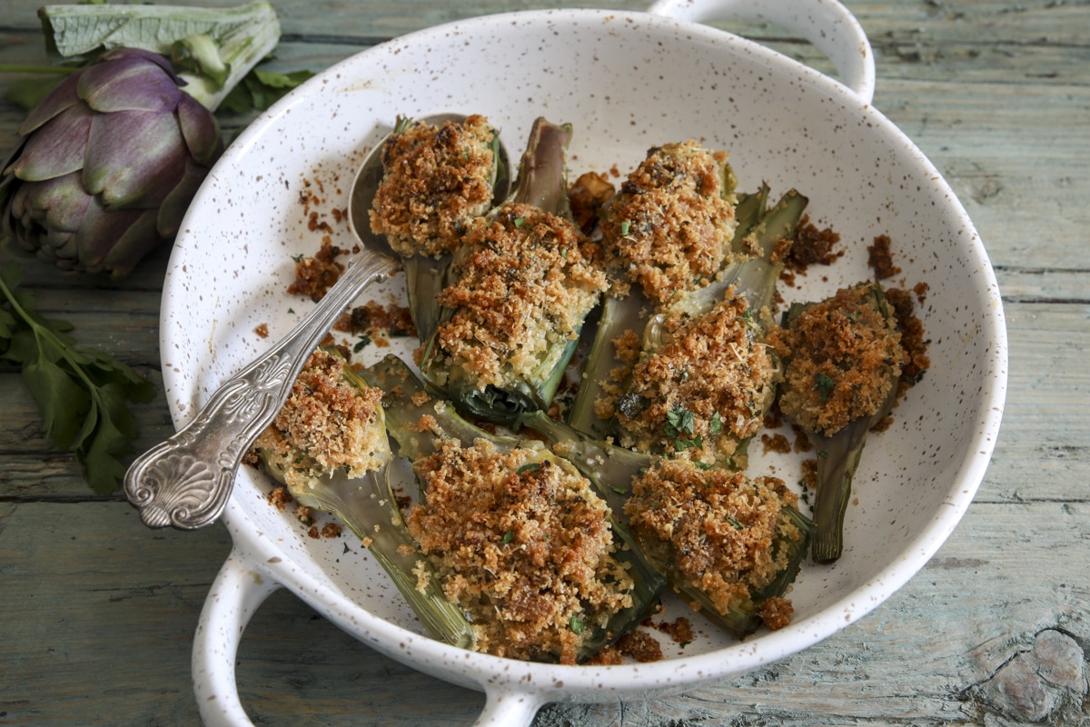 Easy Stuffed Baked Artichokes Recipe - An Italian in my Kitchen