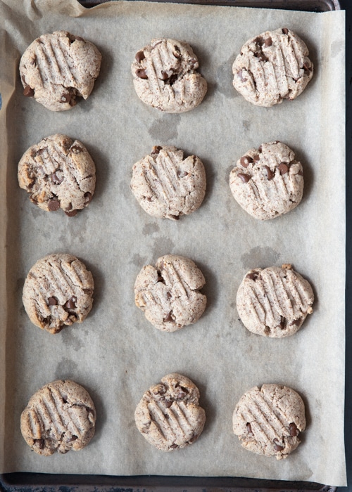 The baked cookies on the baking sheet.