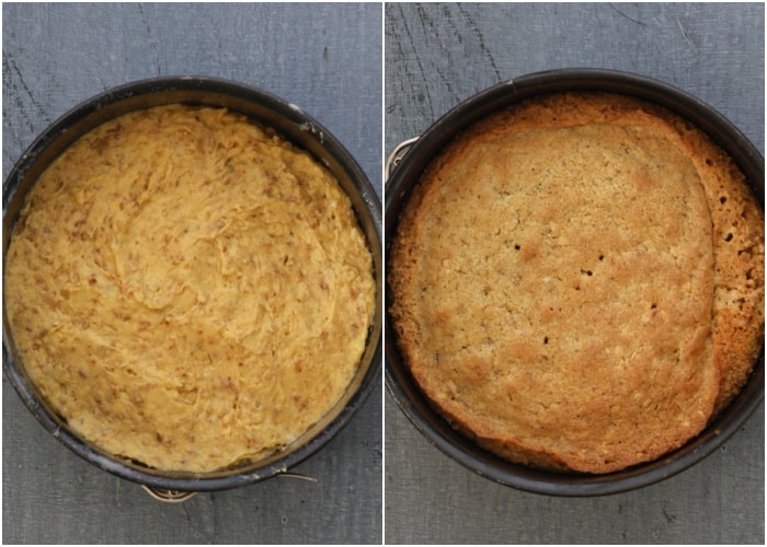 The cake in the pan before and after baked.