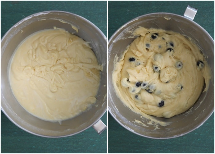 Baking the cake batter and the blueberries added.