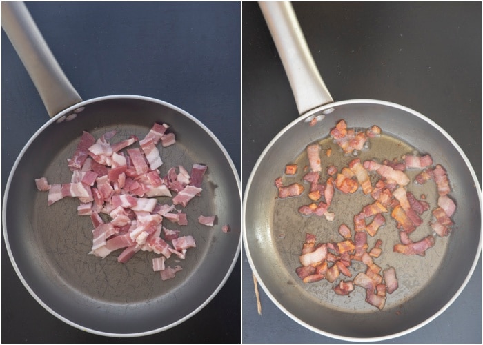 The pancetta before and after cooked.