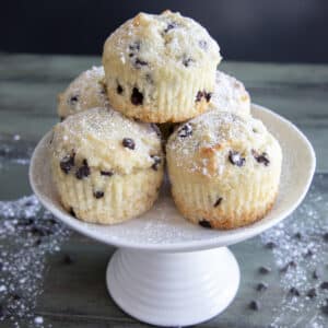 Muffins on a white cake stand.
