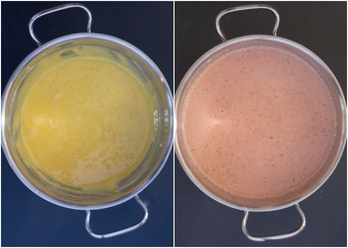 Before and after adding the strawberry mixture.