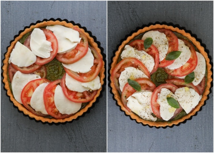 The pie with tomatoes and mozzarella, and with the spices and fresh basil leaves.
