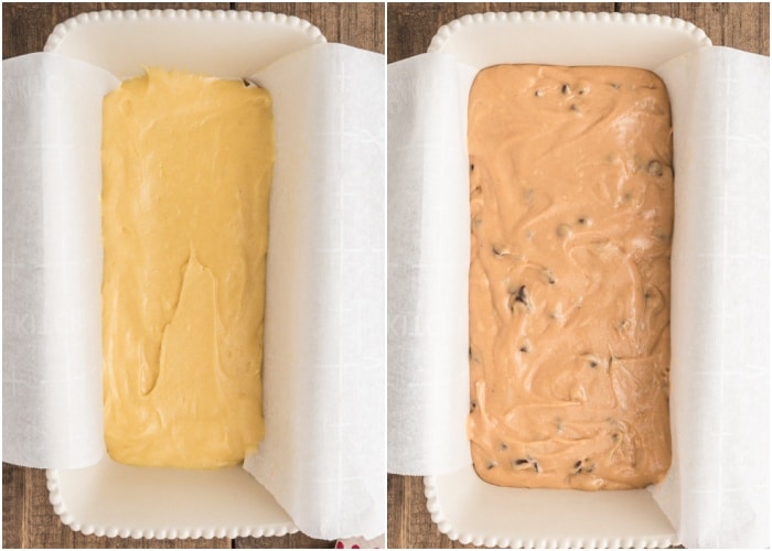 The plain batter in the loaf pan with the chocolate chip batter on top.