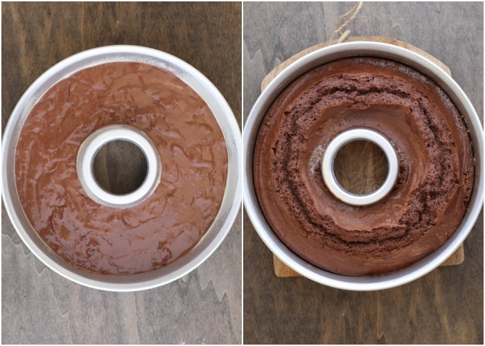The cake before and after baking.