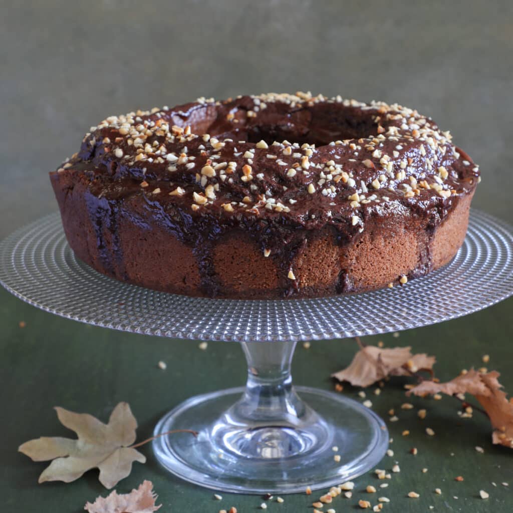 Cake on a glass cake stand.