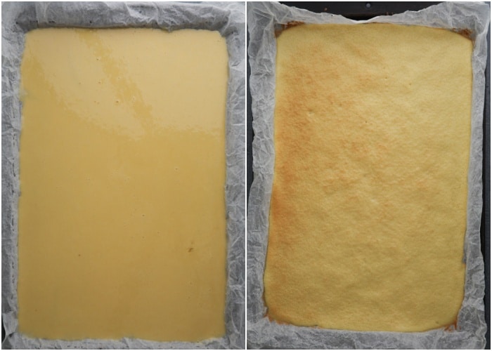 The cake in the pan before and after baking.