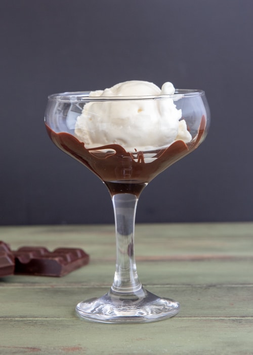 A scoop of ice cream in the glass on the chocolate.