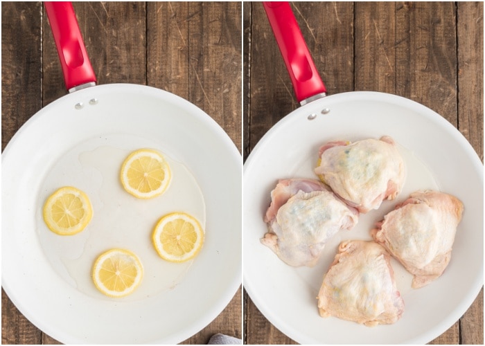 The lemon slices on the pan and the chicken on top of the slices.