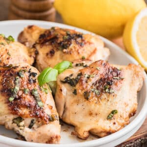 Chicken with basil on a white plate.