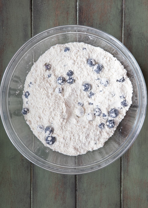 The dry ingredients whisked in a glass bowl.