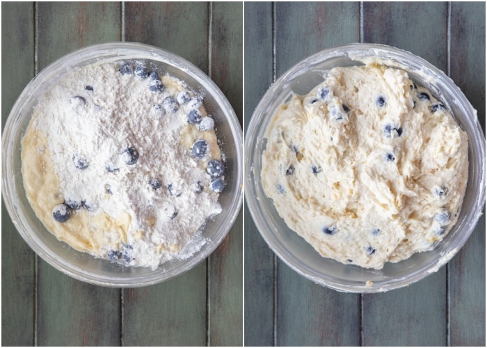 The wet and dry ingredients folded in together in a glass bowl.