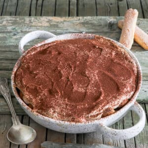 Cappuccino tiramisu in a white baking dish.