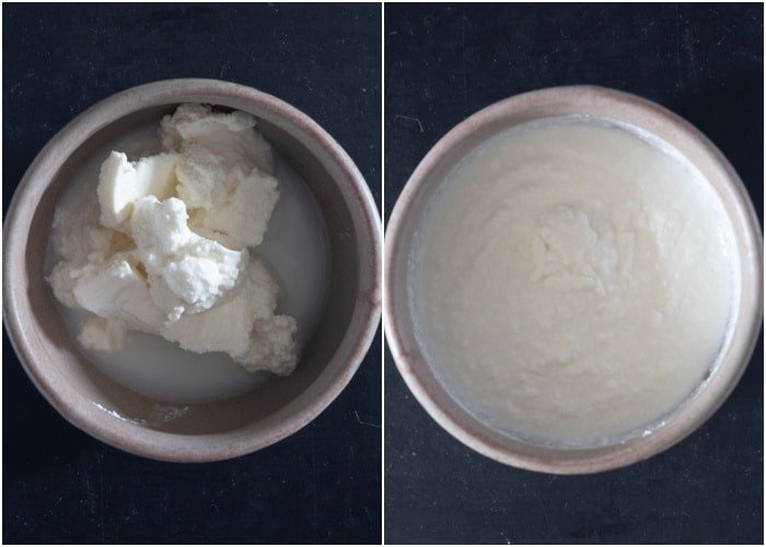 Combining the ricotta and pasta water in a small bowl.