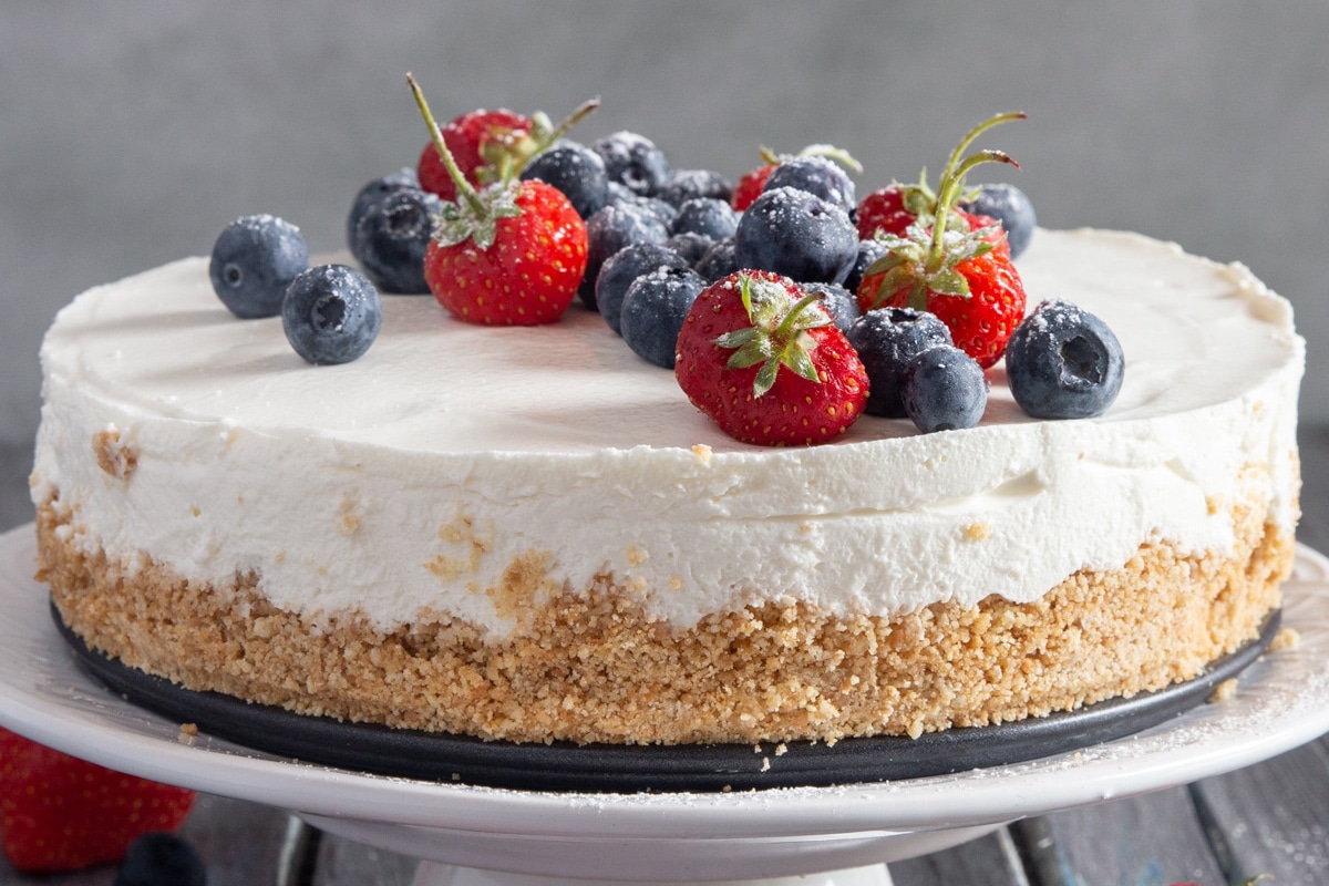 Yogurt pie on a white plate.