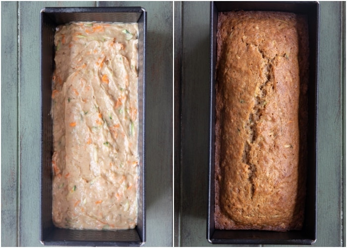 The batter in the pan before and after baking.