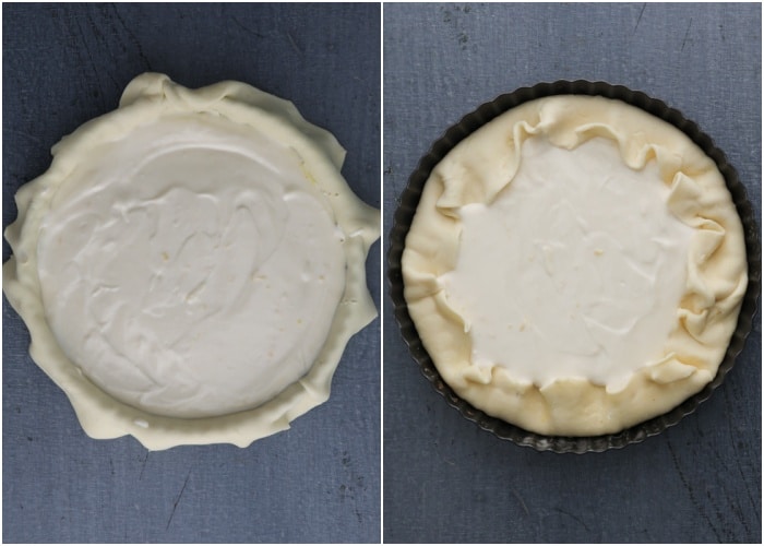 The filling in the crust and the pastry folded over.