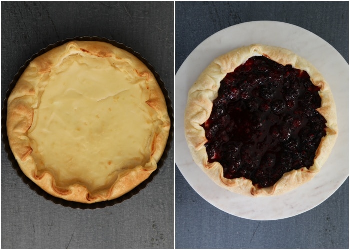 The pie baked with the berry filling on top.