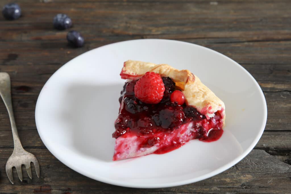 A slice of pie on a white plate with a fork beside it.