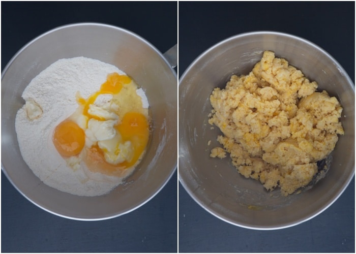 Mixing the egg and flour and dry ingredients.