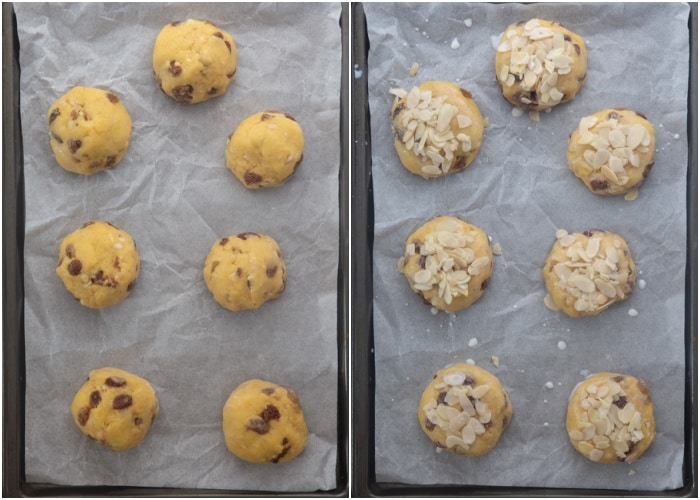 The buns on the baking sheet before baking.