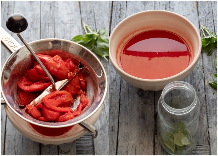 The tomatoes passed through a food mill and the sauce in a white bowl.