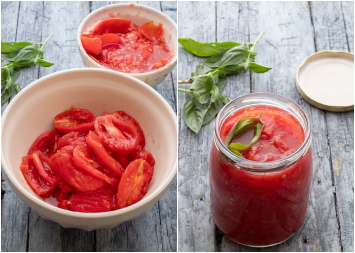 The boiled tomatoes in a white bowl with the seeds in another small white bowl and filled in a jar.