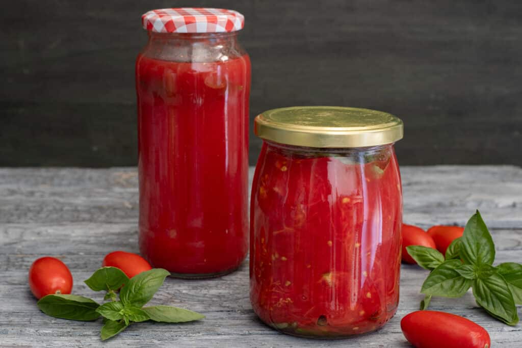 Jarred tomatoes on a wooden board with fresh basil.