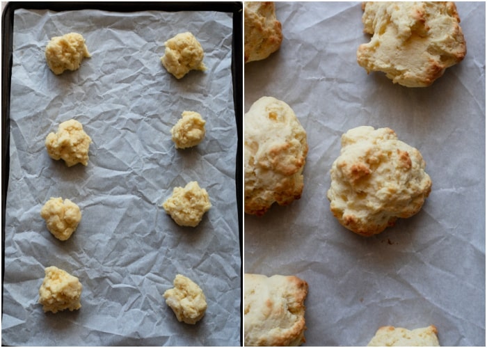 The cookies baked on the baking sheet before and after baked.