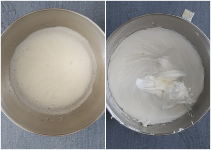 Making the meringue in the mixing bowl.