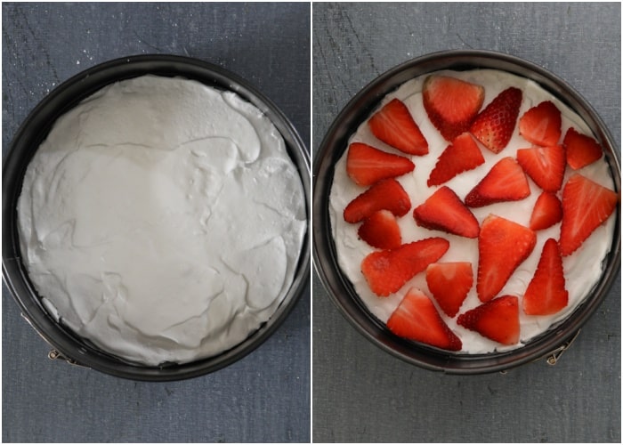 The meringue and filling and berries in the baking pan.