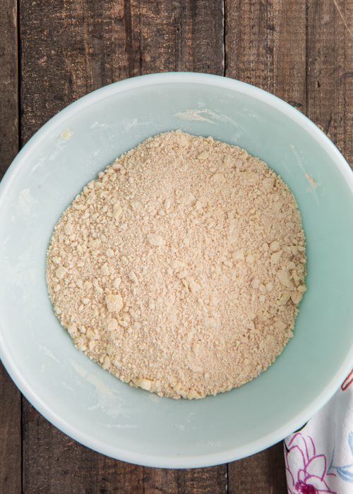 The crumb mixture in a blue bowl.