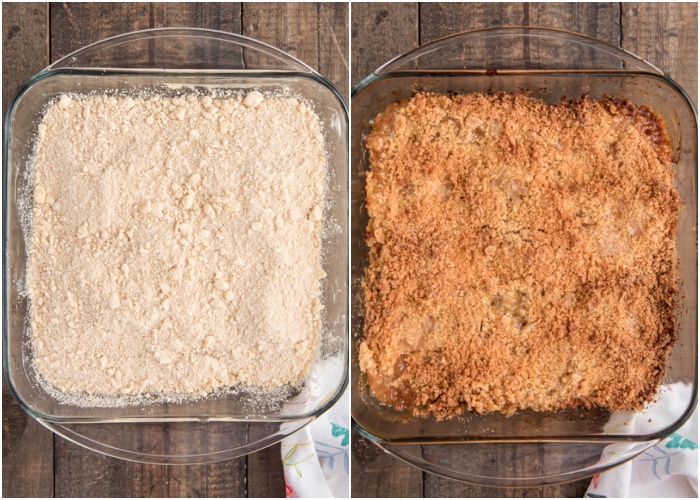 The peach crumble before and after baked.