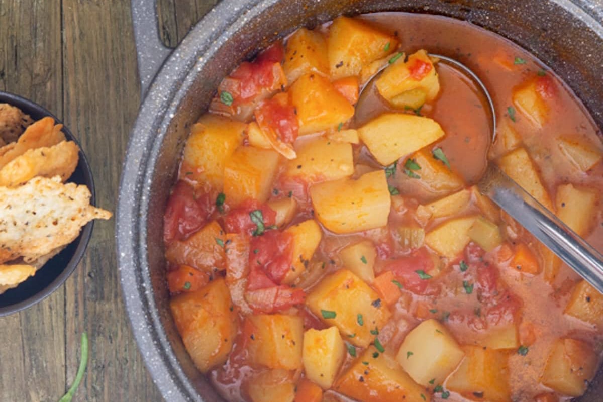 Potato soup in a pot.