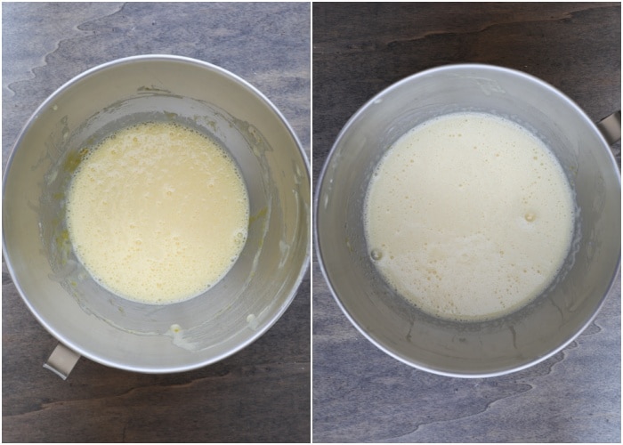 The wet ingredients whisked in a silver bowl.