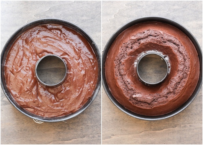 The cake before and after baked in the baking pan.