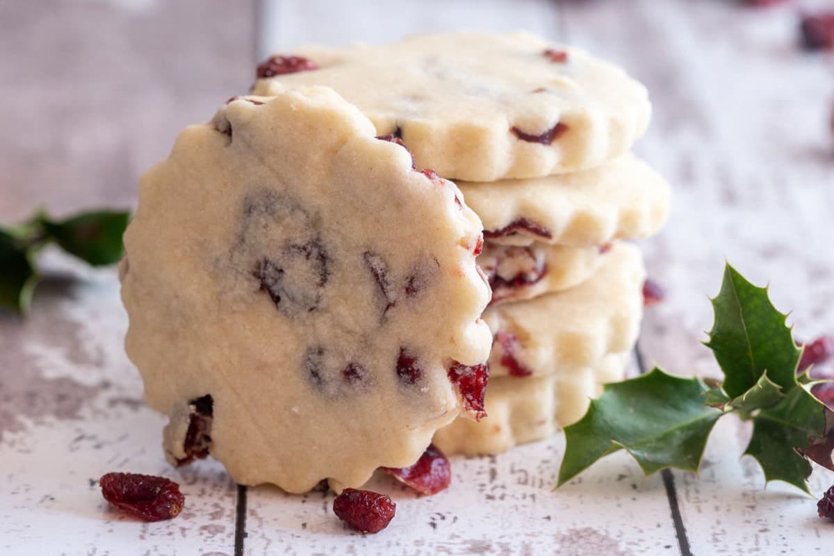 Five cookies stacked with one leaning.