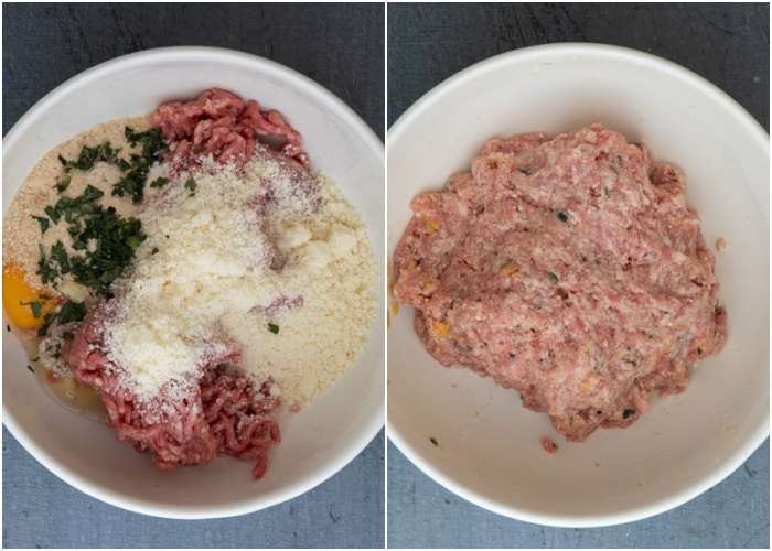 Mixing the mixture to make meatballs in a white bowl.