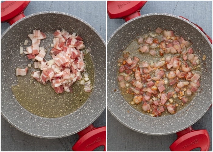 Cooking the pancetta in the pan.